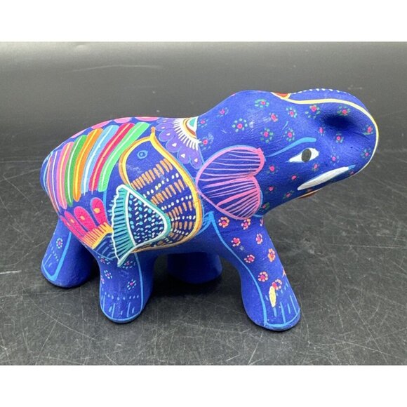 VTG Mexican Pottery Hand Painted Colorful Elephant Figurine Trunk Up 4” - Picture 3 of 8